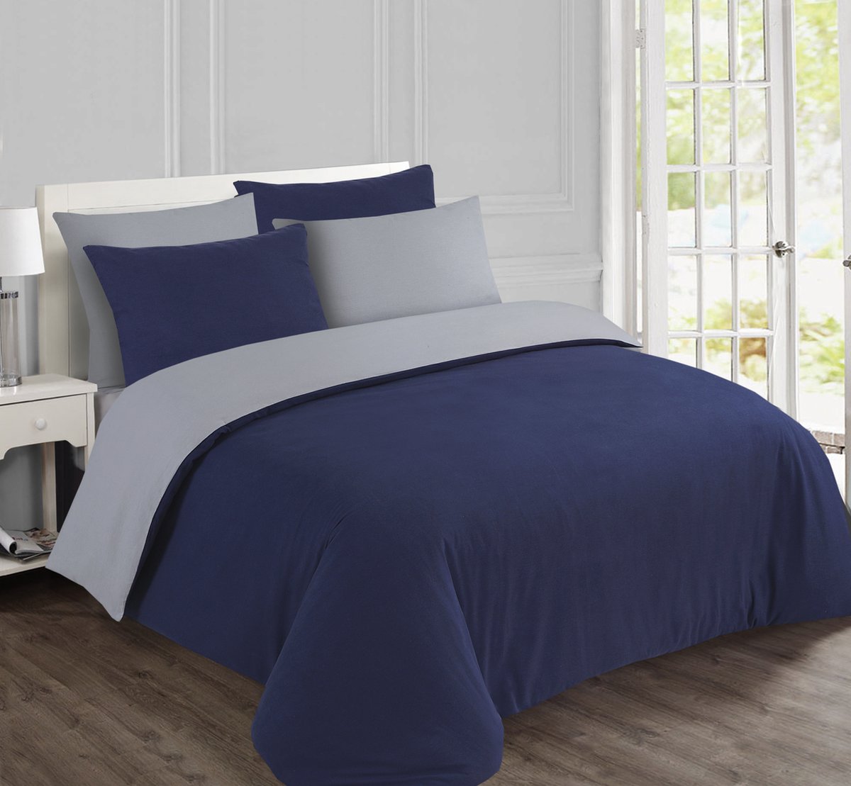 VISION Flanel - Tweezijdig omkeerbaar Dekbedovertrekset - 100% katoen flanel: warm en zacht - Kingsize - Dekbedovertrek 260 x 240 cm met 2 bijhorende slopen - Grijs / Blauw - Oekotex gecertificeerd