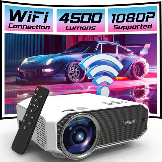 Mini Bemaer Zenwire E450S - Beamer - Mini Projector Full HD WiFi 2.4/5 Ghz Bluetooth 5.0 - 4500lm / 1500:1 / 36-150" - Focus / Keystone +/- 15° / 360 functie