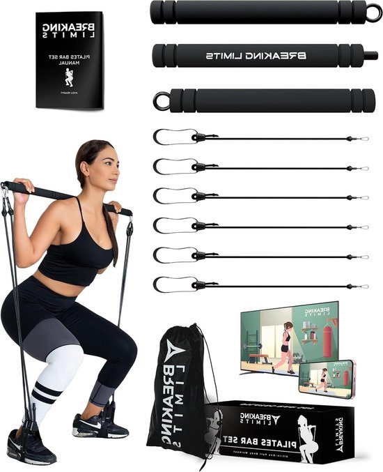 Hommie Pilates Bar Set – 6 Weerstandsbanden (tot 220 Lbs), Verstelbaar, Met Deuranker – Thuis Fitness Voor Dames En Heren 1 miniatura