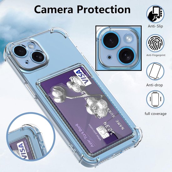 BixB Coque avec Protecteur d'écran en Verre Trempé Convient pour iPhone 15 Coque avec Porte-Carte Siliconen Antichoc Back Cover - Transparent