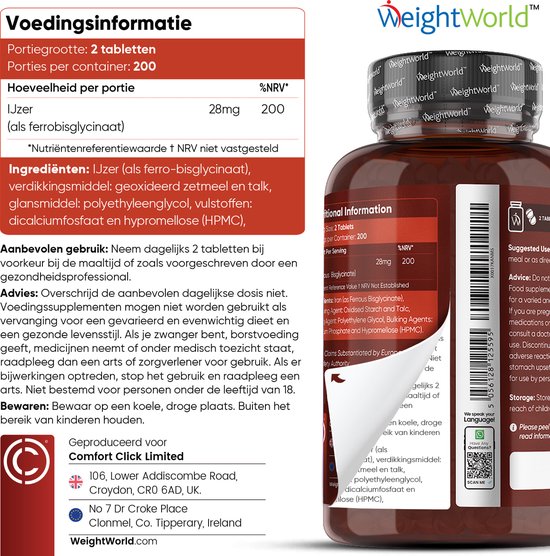 IJzer tabletten - 28 mg - 400 micro tabletten - Bisglycinaat voor optimale opname - 100% ADH - Laboratorium getest - Vegan IJzer supplement van WeightWorld