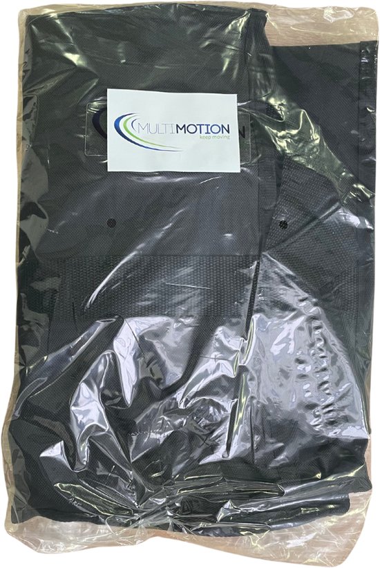 Zwarte rollatorzitting verpakt in plastic folie met het MultiMotion logo.