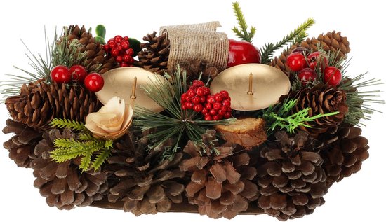 Kaarsenhouder met dennenappels voor twee kaarsen, 26 cm