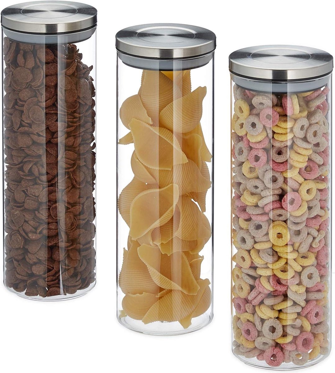 Set van 3 luchtdichte voorraadbussen met rvs deksel pasta muesli rijst 1.8 liter glazenpotten doorzichtig Voorraadbussen