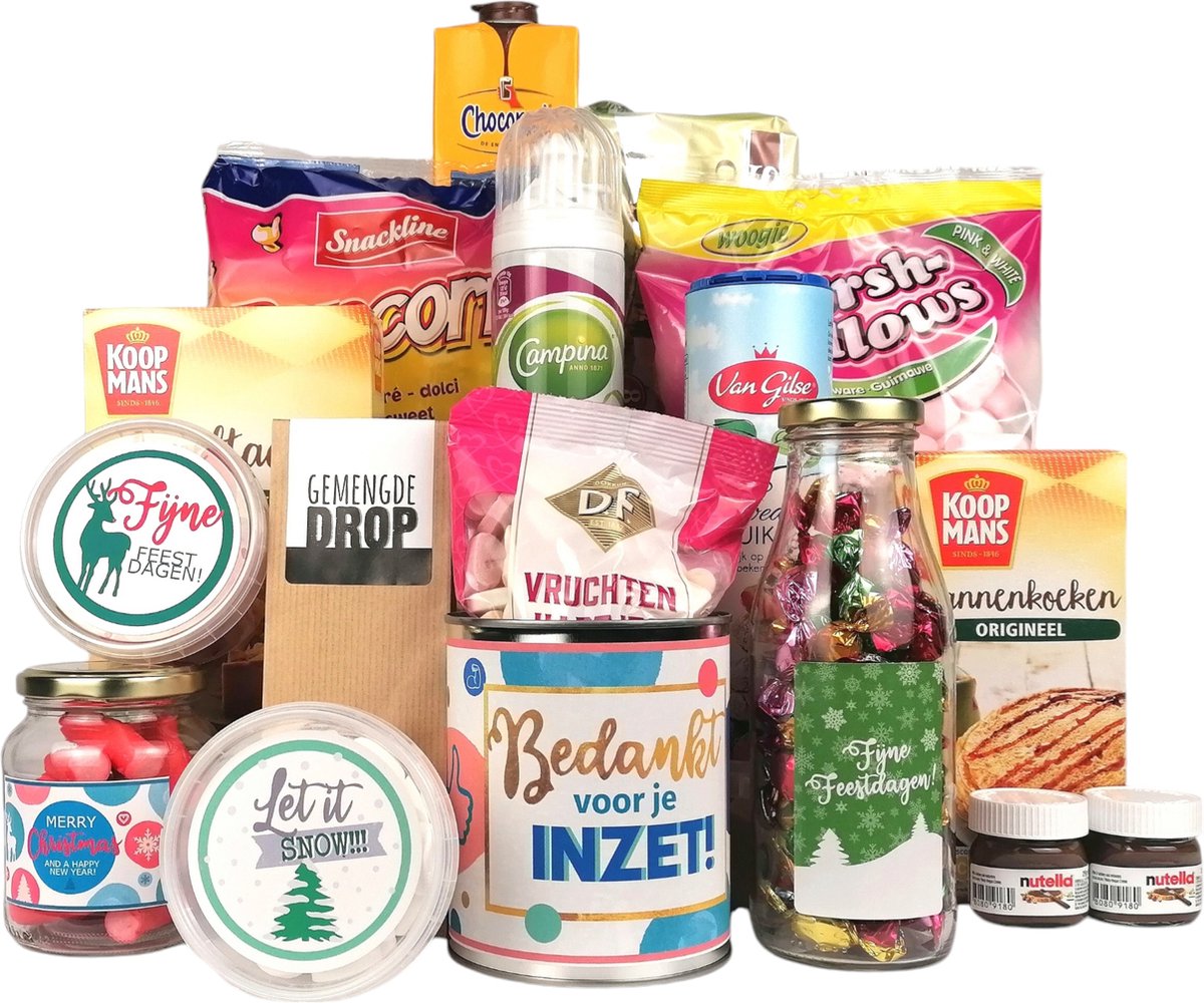 Kerstpakket "Bedankt voor je inzet" | Perfect als Waardering voor Personeel en Collega's | Compleet Cadeaupakket | Voor Zakelijk en Particulier | Kerstgeschenk met o.a Chocolademelk, Appeltaart, Pannenkoeken en Snacks