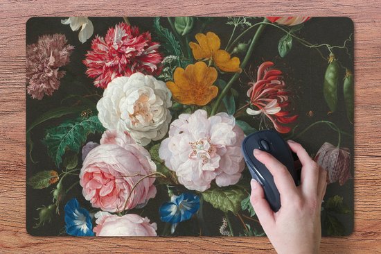 Bureau onderlegger 60x40 cm - Muismat Stilleven met bloemen in een glazen vaas - Schilderij van Jan Davidsz. de Heem - Bureaulegger xl - Desk mat beschermer - Computer muismatten