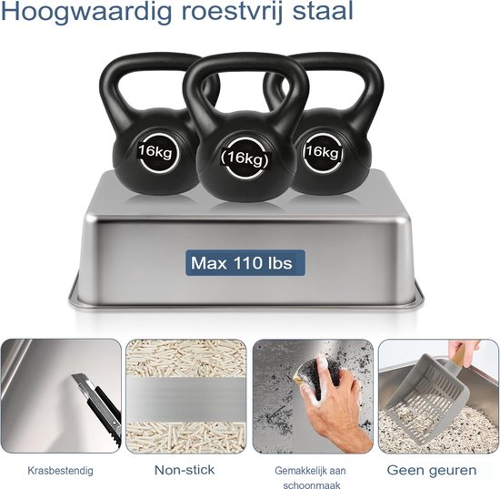 Bartuke RVS Kattenbak Met Deksel - Extra Grote Gesloten Kattenbak Met Schep & Pedaal - Donker Grijs