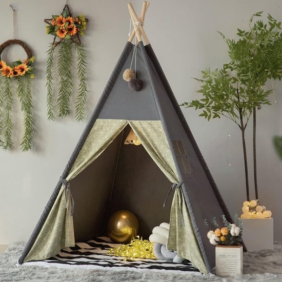 Tipi Izabell Pour Enfants – Tente De Jeu Safari Gris Élégante Avec Fenêtre, Tapis Et Coussins Animaux – 100% Coton Naturel