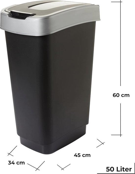 Vuilnisemmer met deksel 25 l, 2 stuks, vuilnisemmer keuken 2 vakken, vuilnisbak met deksel, afvalemmer met schommeldeksel, zwart/zilver, model