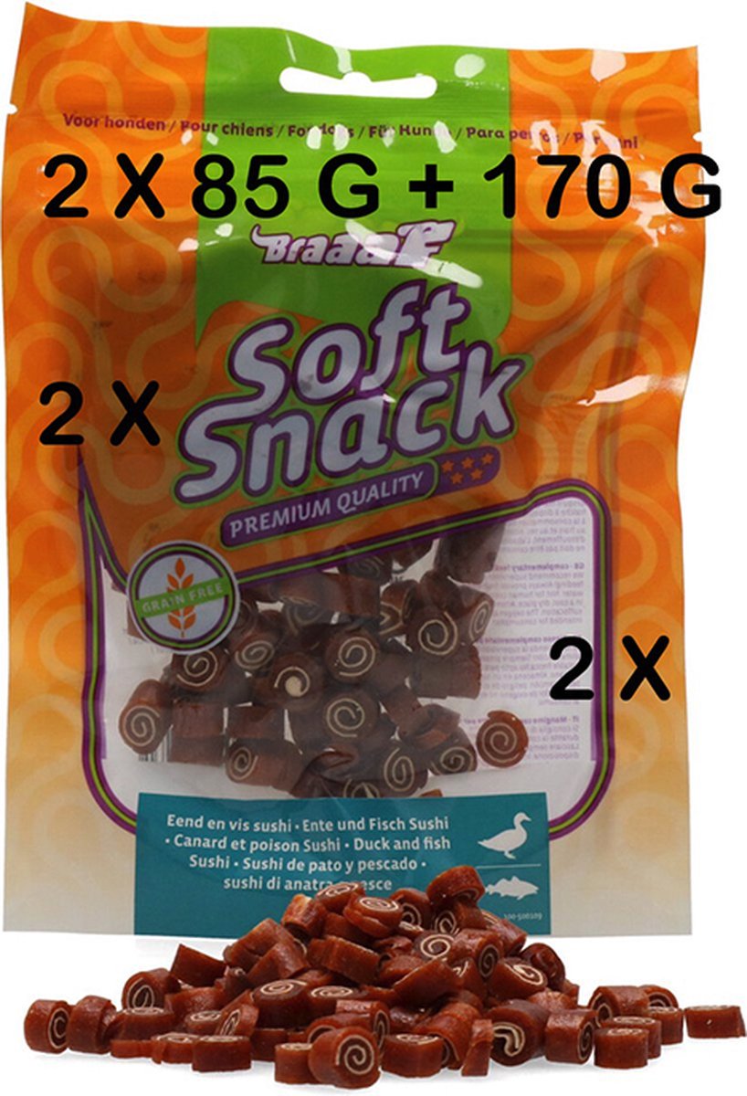 **2 X ** Braaaf soft snack honden 85 gr = 170 gram EEND EN VIS SUSHI granenvrij - premium kwaliteit