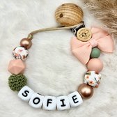Bij Noe - Speenkoord met naam - VERZENDING BINNEN 24 UUR! - Rose gold/ Groen/ Roze - Met strik - Bloemen - Speenketting - Babycadeau - Kraamcadeau - Meisjes