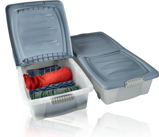 Foto: Opbergbox set van 2 onderbedbox 32l opbergbox met wieltjes transparant blauw 79x39x17 cm handdoeken keukenspullen en slaapkamer op 320