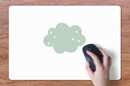 Lichtgroene muismat met wolk en sterren, met een muis en hand.