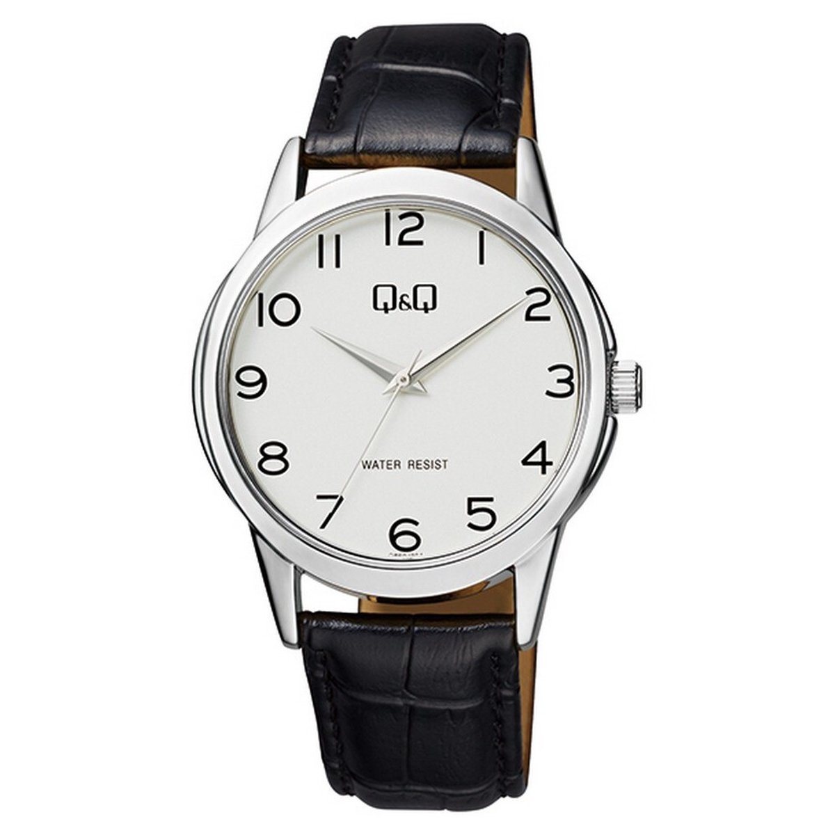 QQ Q860J304Y - Horloge - Analoog - Mannen - Heren - Leren band - Rond - Metaal - Cijfers - Zwart - Zilverkleurig - 3ATM
