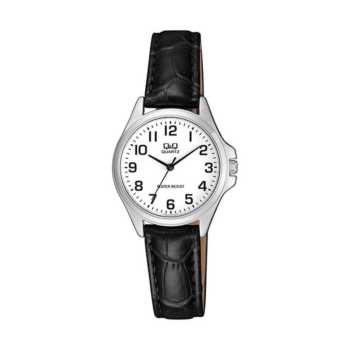 QQ QA07J304Y - Horloge - Vrouwen - Dames - Analoog - Leren band - Rond - Staal - Zwart - Zilverkleurig - 3 ATM