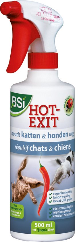 BSI - Hot exit voor het verjagen van katten en honden - Afweer van katten en honden - Met contactwerkng en langdurig actief - 500 ml voor 30 m²