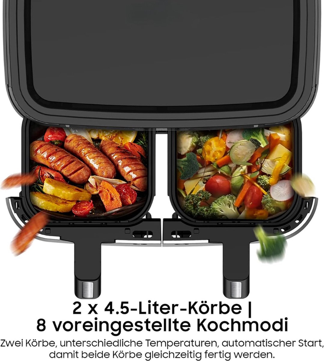 Afbeelding 3 van Equivera Dubbele Airfryer - Dubbele Mand - Dual Cook - Heteluchtfriteuse - Verschillende Programma's - Dual Zone - Mega