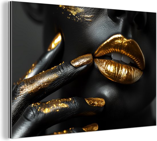 Tableau aluminium 60x40 cm - Décoration murale métal - Lèvres - Or - Abstrait - Zwart - Femme - Décoration murale métal salon - Décoration industrielle - Photo sur dibond - Accessoires industriels chambre
