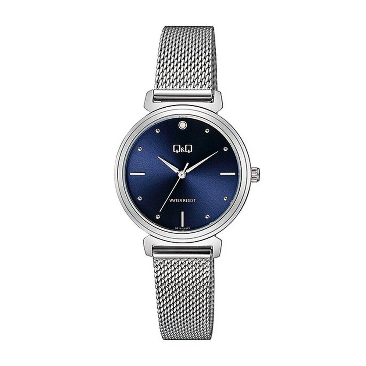QQ Q27B-002PY - Horloge - Vrouwen - Dames - Mesh-Milanese band - Rond - Metaal - Streepjes - Zilverkleurig - Blauw