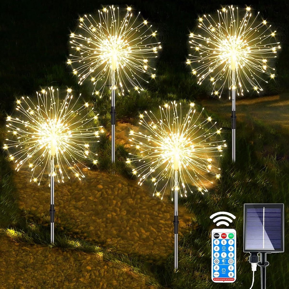 2x Zonne-energie Tuinlampen – 120 LEDs, 8 Modi, IP65 Waterdicht – Vuurwerkdesign, Paardenbloem, Voor Buiten