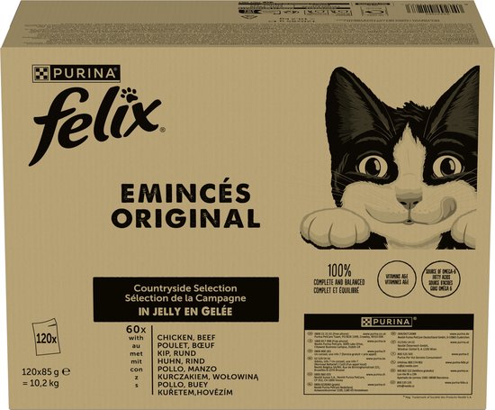Felix Original Emincés Countryside Selection in Gelei, 60x met Kip, Rund, Kip &amp; Koe, Kip &amp; Kip, Kip &amp; Konijn, Kip &amp; Lam. Doos van 120x85g.