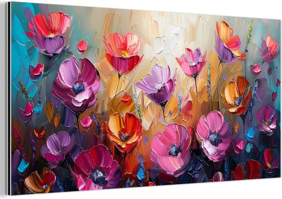 Tableau abstrait de fleurs colorées aux coups de pinceau épais, dans des tons rose, violet et orange.