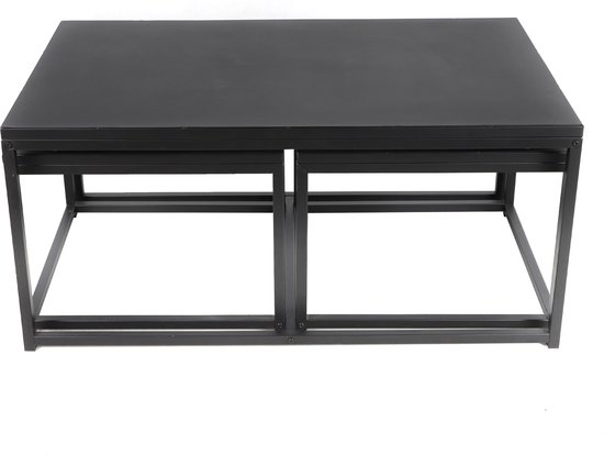 Deux tables carrées noires placées côte à côte, avec un cadre en métal noir.