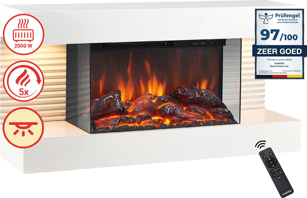 KAMINIO Elektrische haard LIZ - Elektrische wandhaard met verwarming, 3D-vlameffect, LED-sfeerverlichting, afstandsbediening - Wit
