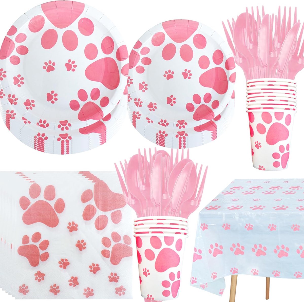 Honden party pakket XL wit met roze honden pootjes 161 delig - hond - huisdier - pootje - party - verjaardag - tafelkleed - bestek - servies - decoratie