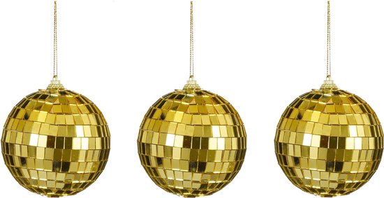 Trois boules de Noël boule disco dorées avec des carrés réfléchissants, sur des cordons dorés.
