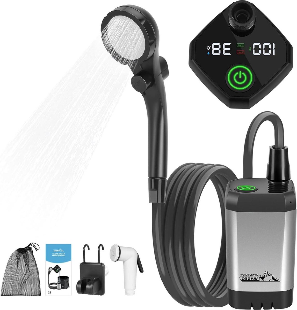 AUTOPkio Draagbare campingdouche - verbeterde buitendouche met drukregelaar en 4500mAh oplaadbare batterijpomp IPX7 waterdicht voor kamp, wandelen, autowassen, huisdierbad (blauw