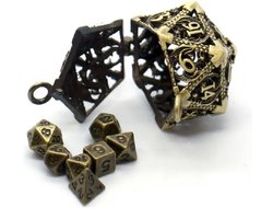 Lapi Toys - Dungeons and Dragons dobbelstenen - Dungeons and Dragons sleutelhanger - Metal dice - DnD - D&D - D20 - Sleutelhanger - 1 set (7 stuks) - Mini dice - Metaal - Goudkleurig