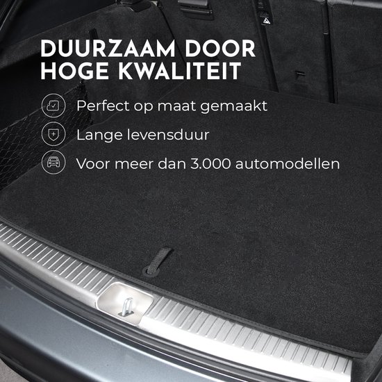 Tapis de coffre noir avec le texte 'Durable grâce à une haute qualité', 'Parfaitement sur mesure', 'Longue durée de vie' et 'Pour plus de 3 000 modèles de voitures'.