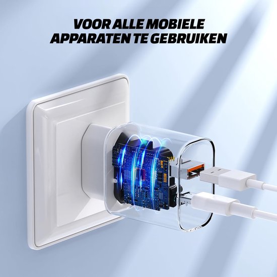 Een witte, compacte "20W" USB-C lader met één USB-A en één USB-C poort, aangesloten op een stopcontact. De interne printplaat is zichtbaar met blauwe gloed. "VOOR ALLE MOBIELE APPARATEN TE GEBRUIKEN".