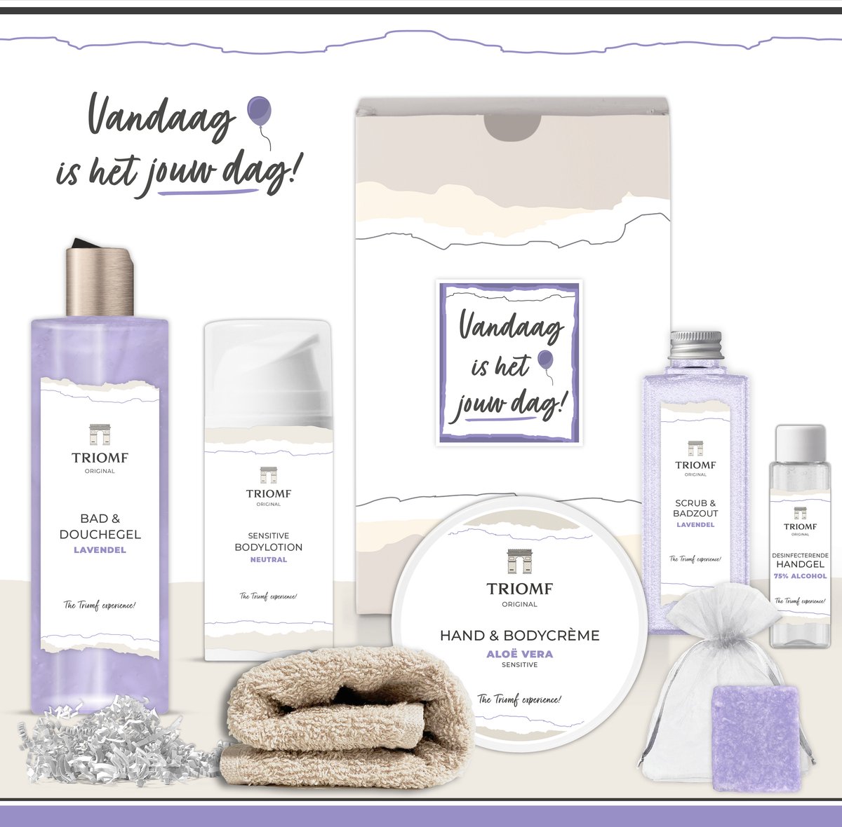 Goedkoopste Geschenkset “Vandaag is het jouw dag!” - 7 producten - 850 gram | Triomf Original - Giftset voor haar - Bedankt Cadeau Pakket Vrouw - Geschenk Luxe wellness cadeaubox - Cadeaupakket Verjaardag - Feestje - Geslaagd - Jubileum - Gift Set Party - Paars