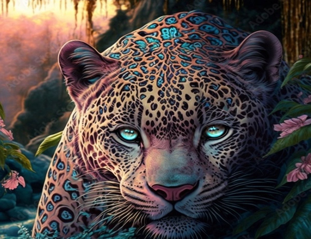 Denza - Diamond painting panter 50 x 40 cm groot model volledige bedrukking ronde steentjes direct leverbaar - jungle - panter - kat