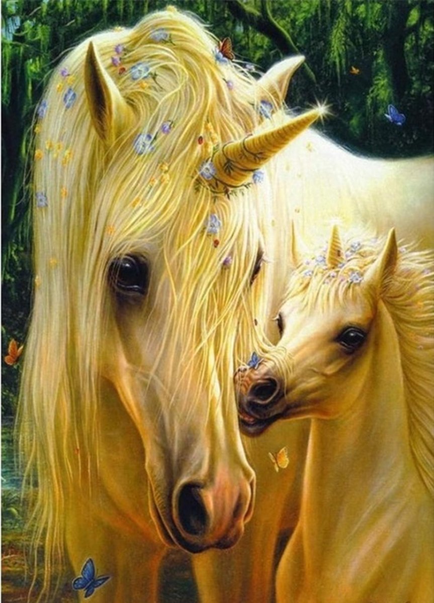 Denza - Diamond painting eenhoorn 40 x 50 cm volledige bedrukking ronde steentjes direct leverbaar - paard - horse - eenhoorn