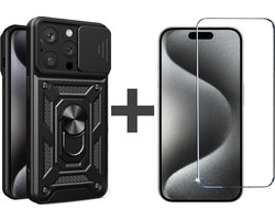 BixB hoesje met screenprotector van gehard glas Geschikt voor iPhone 15 Pro met Ringhouder en Camera schuifje backcover - Zwart