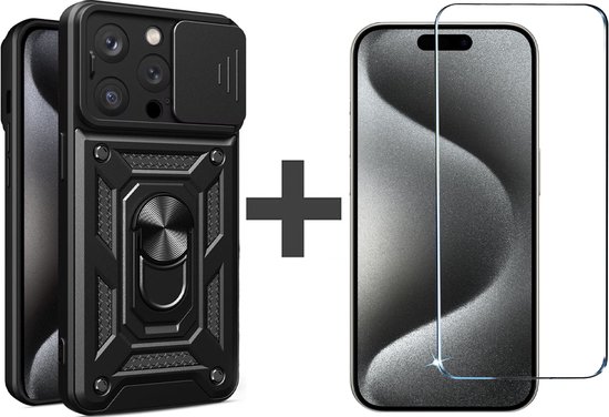 BixB hoesje met screenprotector van gehard glas Geschikt voor iPhone 15 Pro met Ringhouder en Camera schuifje backcover - Zwart