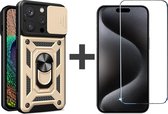 BixB hoesje met screenprotector van gehard glas Geschikt voor iPhone 15 Pro Max met Ringhouder en Camera schuifje backcover - Goud