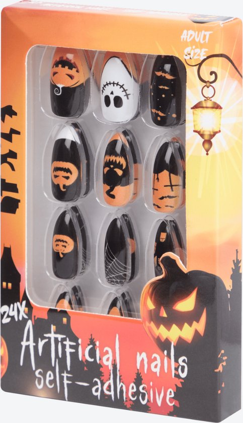 Foto: Halloween kunstnagels zelfklevende plaknagels zwart oranje 24 stuks