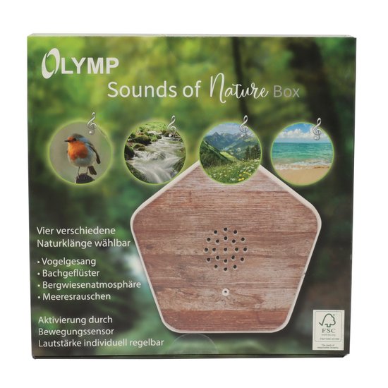 Doos van de Olymp Sounds of Nature Box met houtnerfprint en vier cirkelvormige afbeeldingen: roodborstje, kreek, berglandschap, strand.