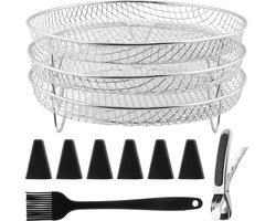 Airfryer-accessoires, 3-laags stapelbare droogrekken, roestvrijstalen Airfryer-mandlade Droogrek met olieborstel, voedselclip en verhogingsvoetjes, 304 RVS grillrek past op 4,2-5,8 QT Airfryer, oven