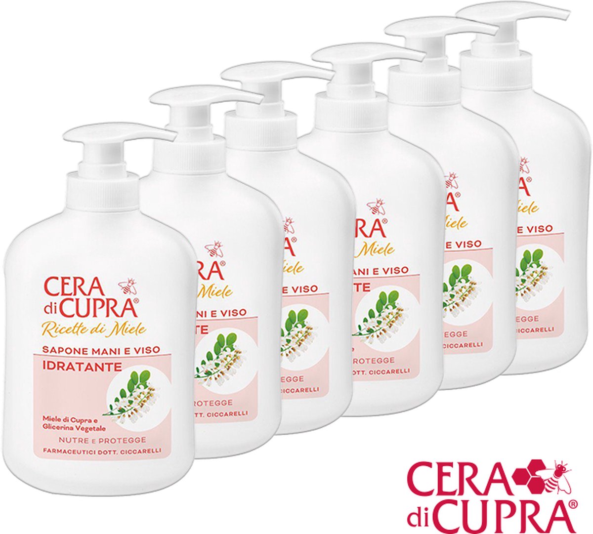Goedkoopste Cera di Cupra - Sapone Mani e Viso Idratante - 6 flessen - € 4,99 per stuk - heerlijk, vloeibare zeep voor je handen, gezicht en lichaam met pure Cupra honing gecombineerd met de hydraterende, plantaardige, glycerine.