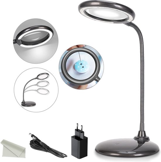 Meichoon Vergrootglas Bureaulamp 10X Lens 64 LED Verlichting 3 Dimmodi USB Voeding Handsfree Vergrootglas met Klem voor Reparatie Ambachten Lezen Hobby's Sluiten Werk Wit UC39