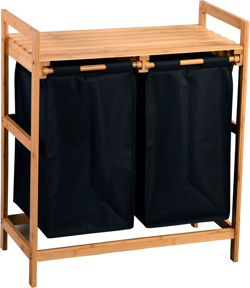 Goedkoopste Wasmand met 2 vakken, 64x33x73cm, Bamboe, Polyester waszak
