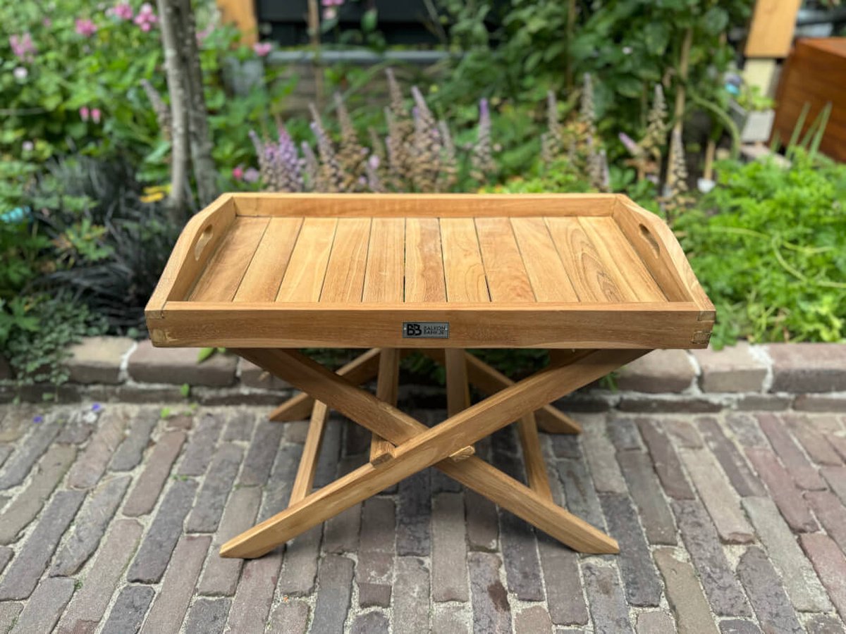 Houten bijzettafel met afneembaar dienblad – Teakhout - 60 x 35 x 41 cm