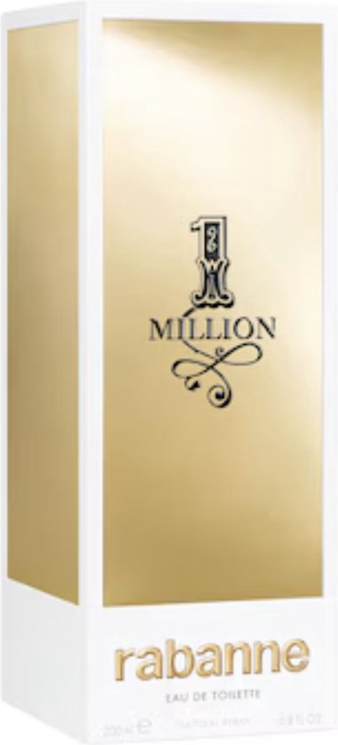 Witte en gouden doos voor parfum met '1 Million' en 'rabanne' logo's.