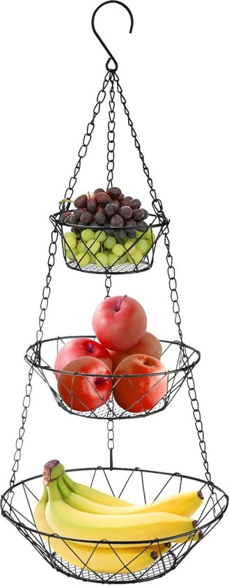Eeneme Hangende fruitmand, 3 verdiepingen hangmand, hangrek, 84 cm fruitmand, groentemand, keukenhanglamp, ijzeren mand fruit met haken voor fruit en groenten