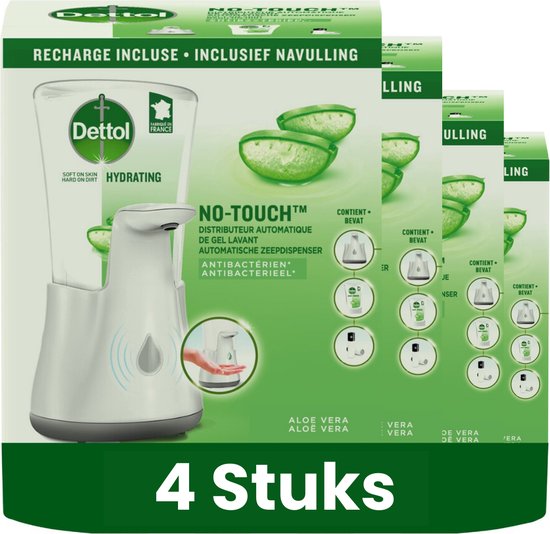 Verpakking van 4 Dettol No-Touch automatische zeepdispensers, zilverkleurig, met aloe vera navullingen.